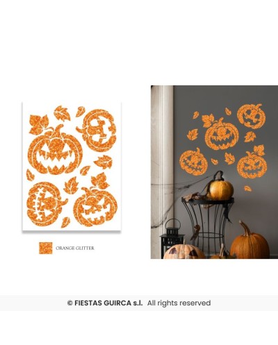 DECORATION HALLOWEEN PLANCHE AUTOCOLLANTS CITROUILLE PAILLETEE 30 X 40 CM