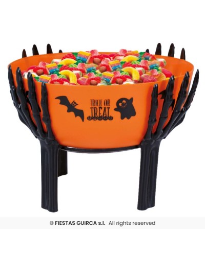 DECORATION HALLOWEEN POT A BONBON ORANGE TENU PAR 4 MAINS