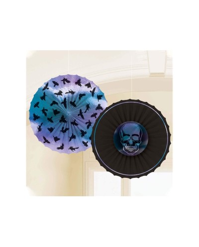 DECORATION HALLOWEEN COCARDE EN PAPIER AVEC TETES DE MORT IRISEES