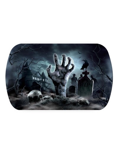 PLATEAU HALLOWEEN DECOR CIMETIERE ET CHATEAU HANTE EN PLASTIQUE 29X15X3.5 CM