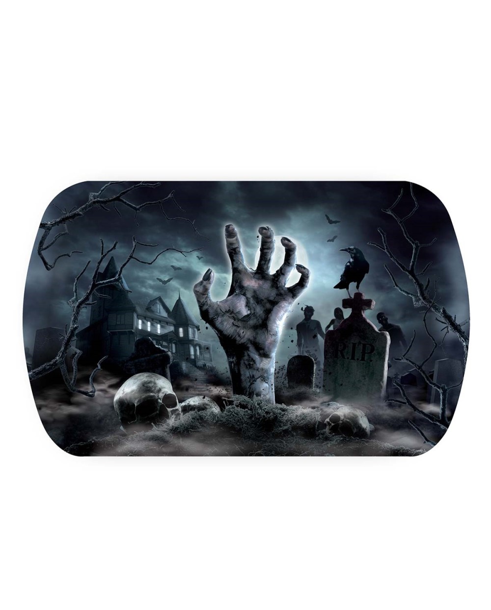 PLATEAU HALLOWEEN DECOR CIMETIERE ET CHATEAU HANTE EN PLASTIQUE 29X15X3.5 CM