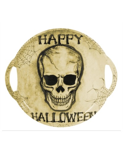 PLATEAU ROND HALLOWEEN DECOR TETE DE MORT EN PLASTIQUE 30 X 33 CM