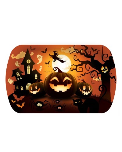 PLATEAU HALLOWEEN DECOR CITROUILLES ET CHAT NOIR EN PLASTIQUE 29X15X3.5 CM