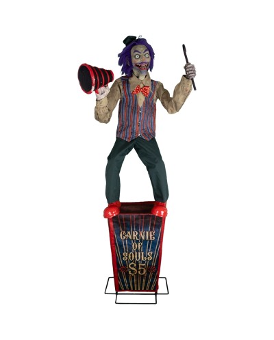 DECO HALLOWEEN CLOWN SUR UNE BOITE AVEC MEGAPHONE MOUVEMENT LUMIERE SON 225 CM