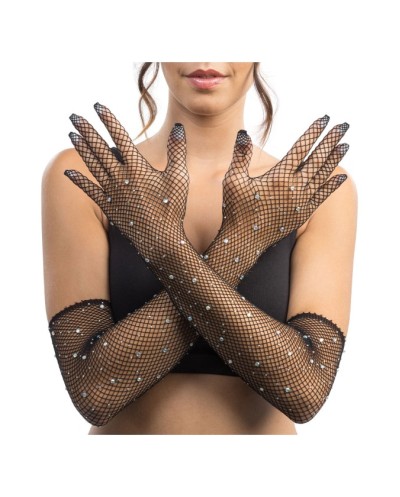 LONGS GANTS FILET NOIR AVEC STRASS TU - 45CM