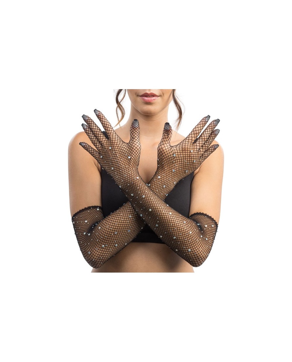 LONGS GANTS FILET NOIR AVEC STRASS TU - 45CM