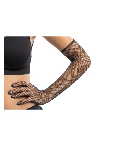 LONGS GANTS FILET NOIR AVEC STRASS TU - 45CM