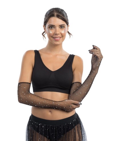 LONGS GANTS FILET NOIR AVEC STRASS TU - 45CM