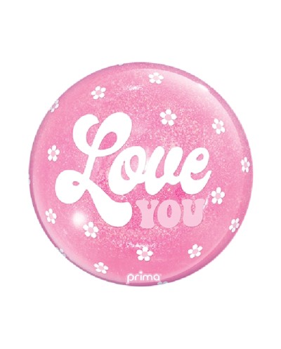 BALLON BULLE LOVE YOU BLANC FLEURS BLANCHES PAILLETTES ROSE CLAIR 26 CM 