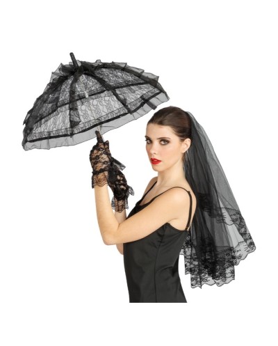 KIT DENTELLE VEUVE NOIRE - 3 PCS OMBRELLE VOILE GANTS 