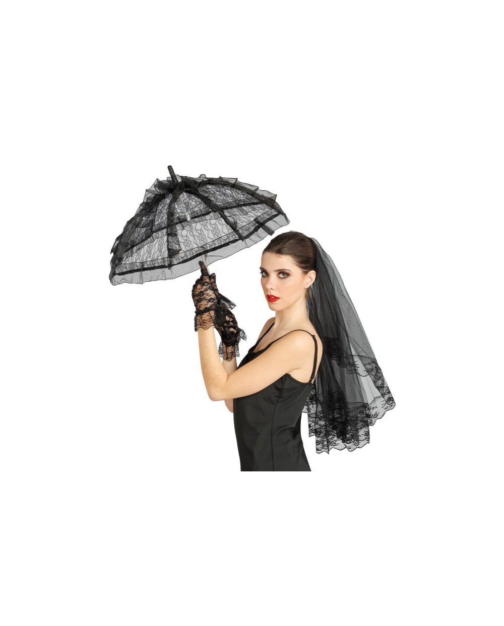 KIT DENTELLE VEUVE NOIRE - 3 PCS OMBRELLE VOILE GANTS 