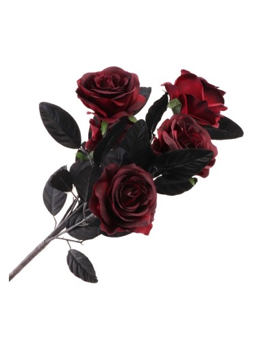 BOUQUET 5 ROSES BORDEAUX FEUILLES NOIRES 20CM X 20CM X 48CM