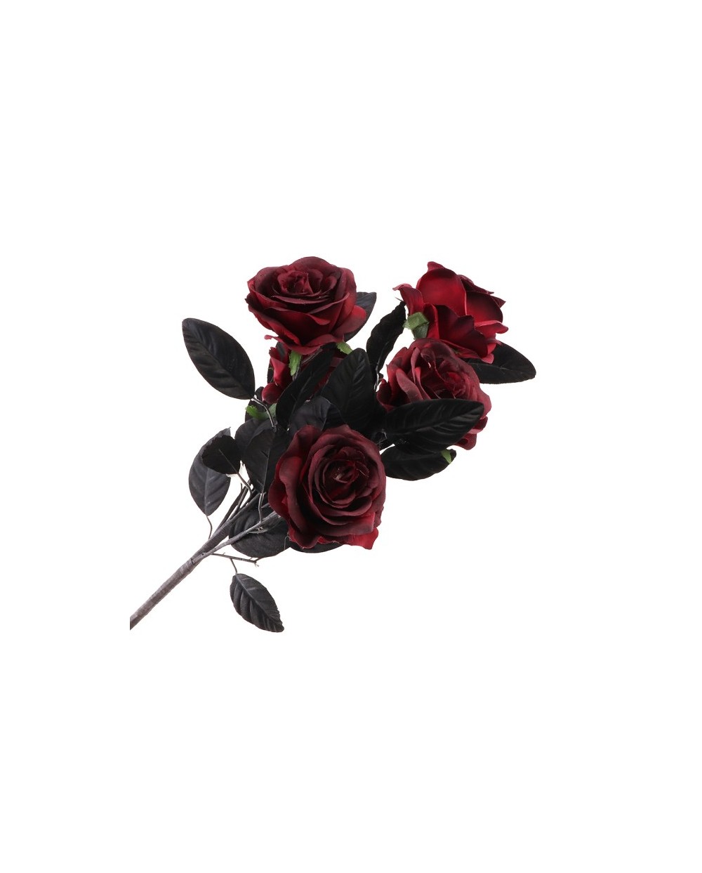 BOUQUET 5 ROSES BORDEAUX FEUILLES NOIRES 20CM X 20CM X 48CM