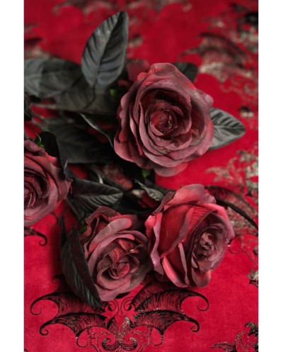 BOUQUET 5 ROSES BORDEAUX FEUILLES NOIRES 20CM X 20CM X 48CM