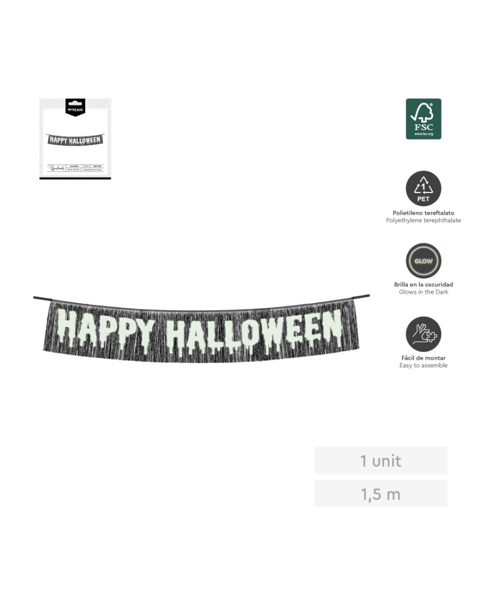 BANNER OU GUIRLANDE FRANGES NOIRES HAPPY HALLOWEEN GLOW IN THE DARK 1.5 METRES