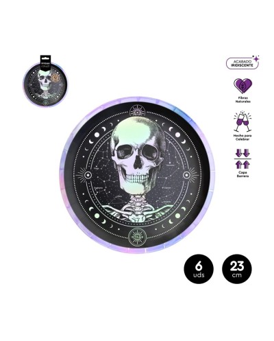 6 ASSIETTES ESOTERIQUES BUSTE DE SQUELETTE HALLOWEEN BLANC ET NOIR 23 CM