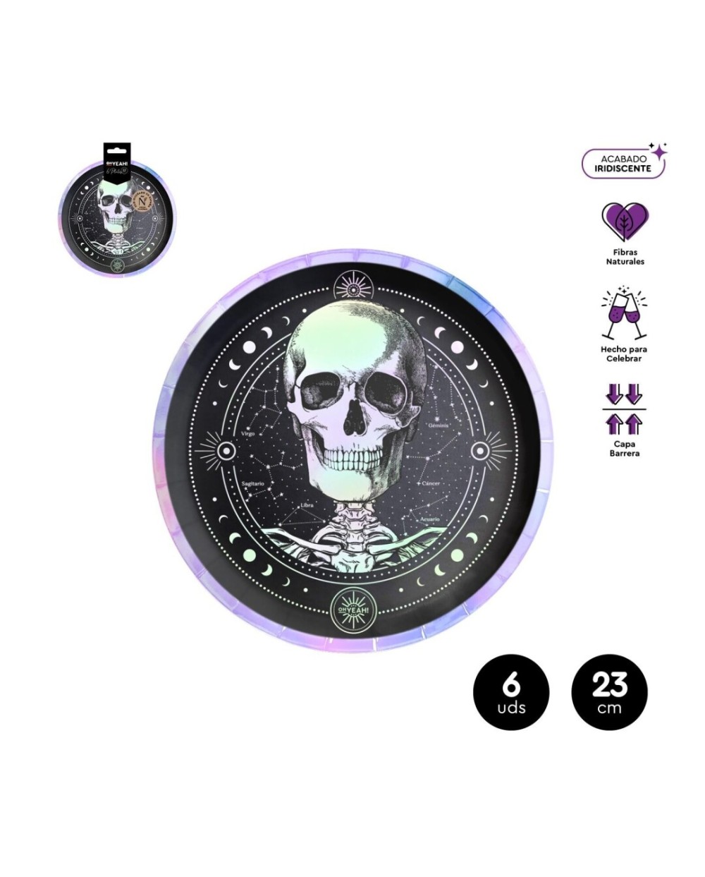 6 ASSIETTES ESOTERIQUES BUSTE DE SQUELETTE HALLOWEEN BLANC ET NOIR 23 CM