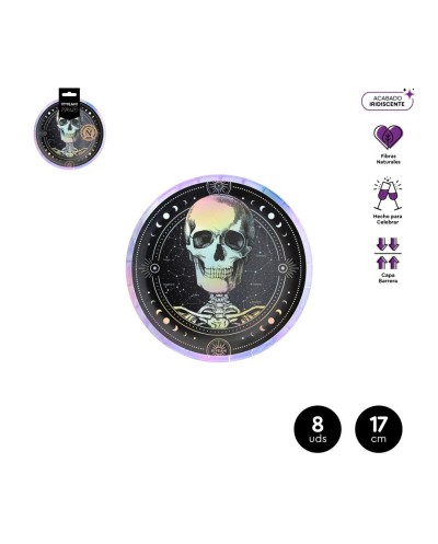 8 ASSIETTES ESOTERIQUES BUSTE DE SQUELETTE HALLOWEEN BLANC NOIR IRIDESCENT 17 CM