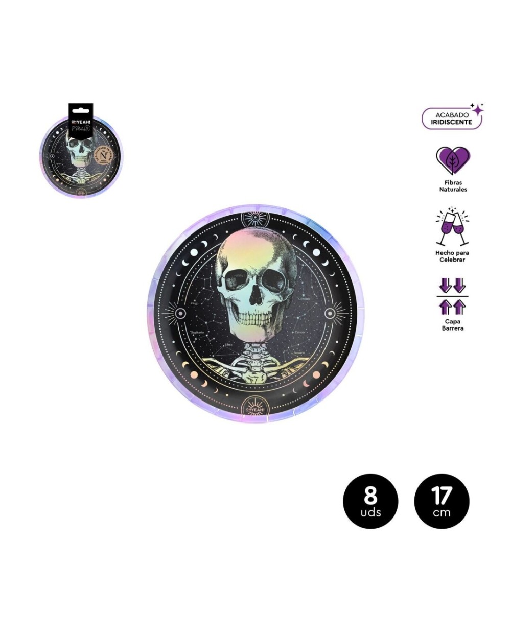 8 ASSIETTES ESOTERIQUES BUSTE DE SQUELETTE HALLOWEEN BLANC NOIR IRIDESCENT 17 CM