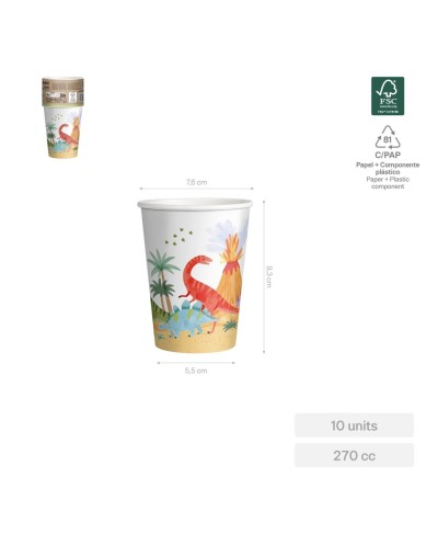 10 GOBELETS DINOSAURES EN CARTON COLORES