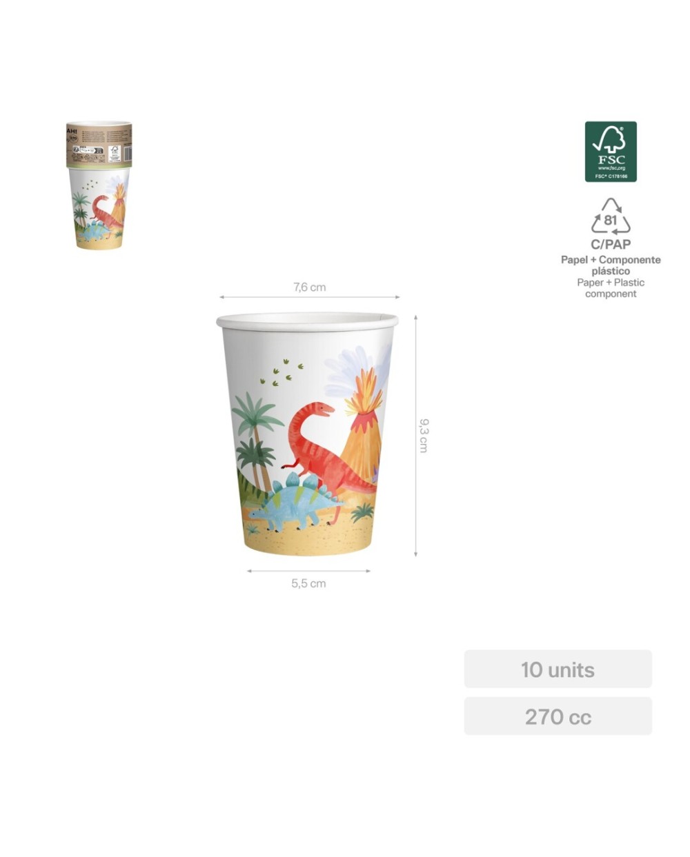 10 GOBELETS DINOSAURES EN CARTON COLORES