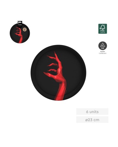 6 ASSIETTES NOIRES MAIN DE VAMPIRE ROUGE HALLOWEEN 23 CM