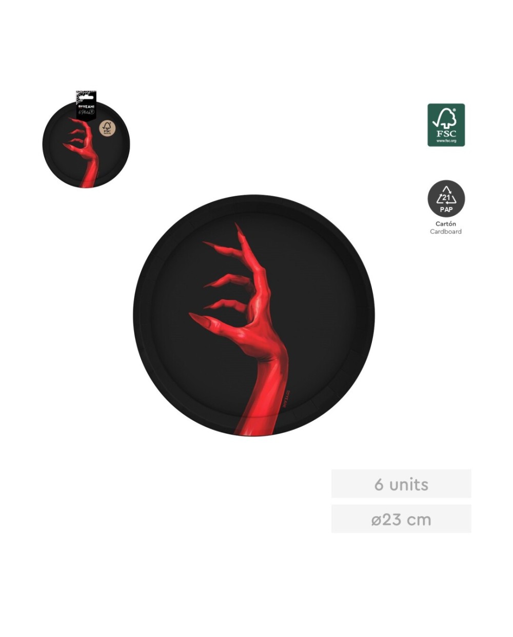 6 ASSIETTES NOIRES MAIN DE VAMPIRE ROUGE HALLOWEEN 23 CM