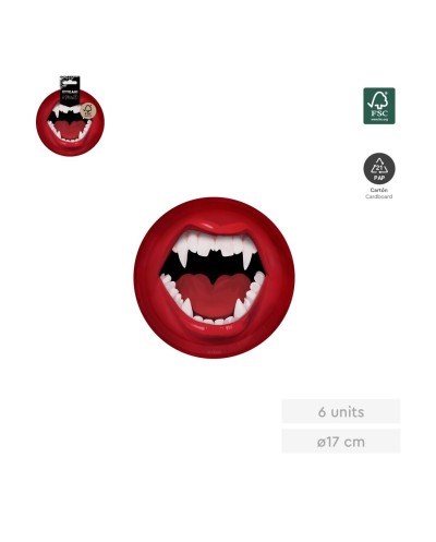 8 ASSIETTES BOUCHE ET DENTS DE VAMPIRE ROUGE BLANC ET NOIR HALLOWEEN 17 CM