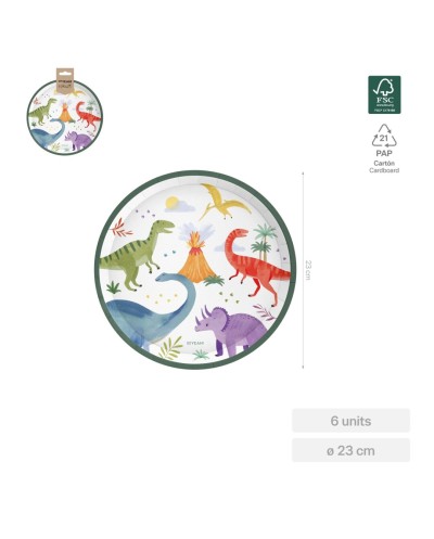 6 ASSIETTES DINOSAURES EN CARTON COLORES 23 CM