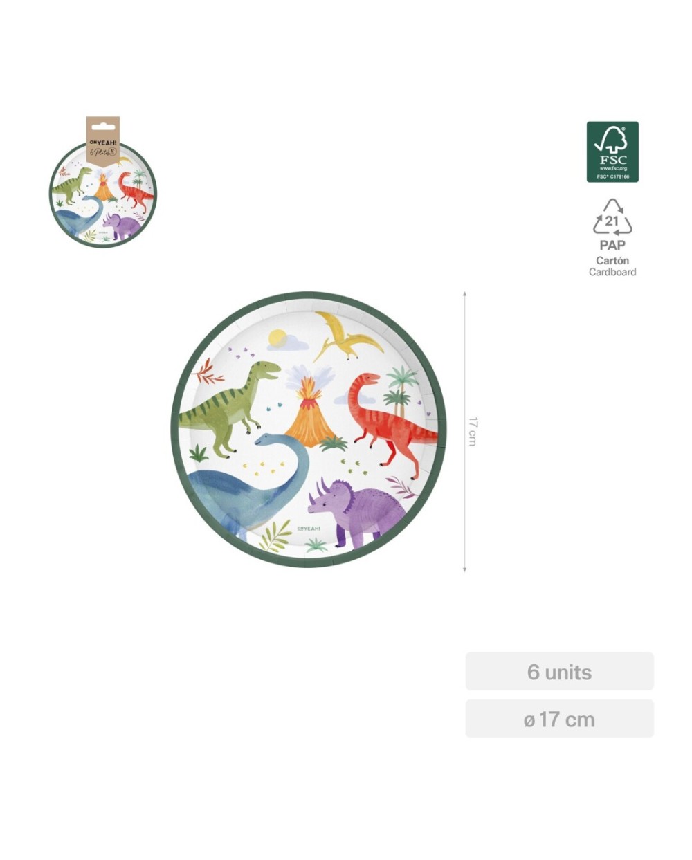 6 ASSIETTES DINOSAURES EN CARTON COLORES 17 CM