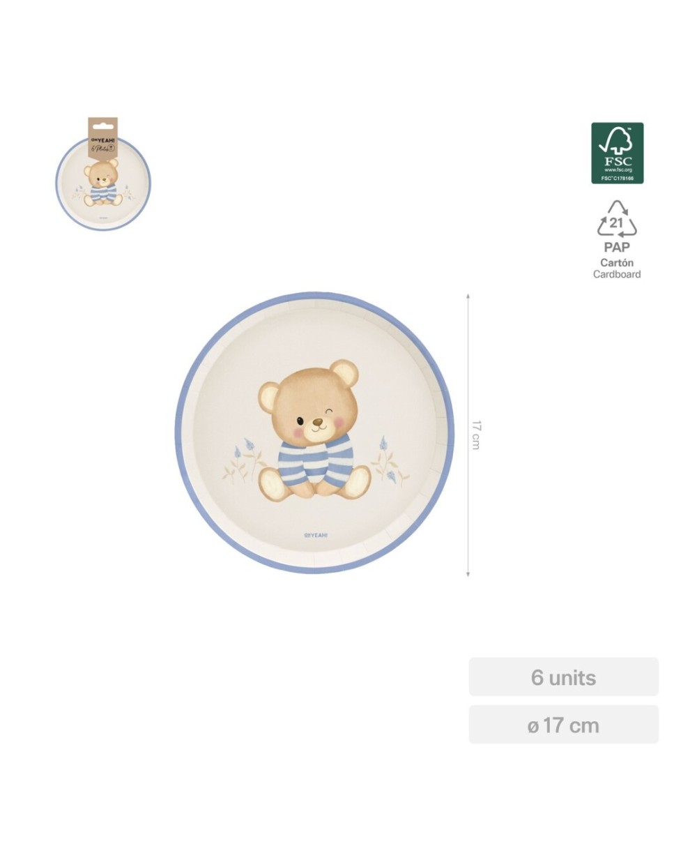 6 ASSIETTES EN CARTON OURSON BEBE NUDE BLEU 17 CM