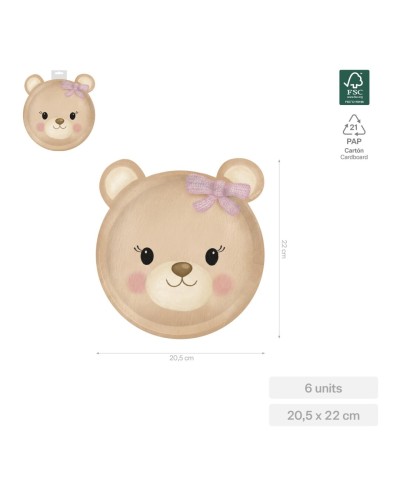 6 ASSIETTES EN CARTON FORME TETE D'OURSON NUDE NOEUD ROSE 22 X 20.5 CM