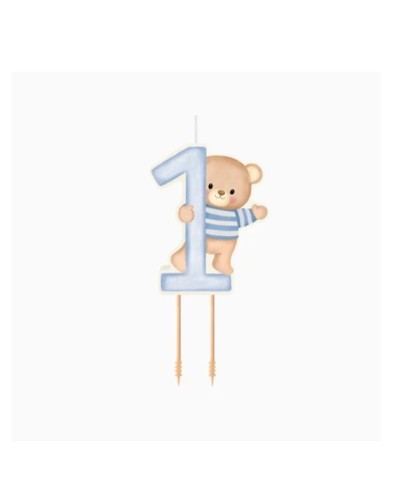 BOUGIE CHIFFRE 1 AVEC OURSON BLEU ET NUDE 7 CM