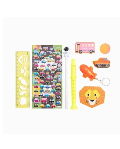 9 JOUETS A PINATA  CRAYONS LOUPE  STICKERS FLUTE PORTE CLE CARNET