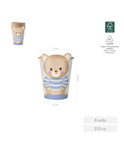 6 GOBELETS EN CARTON OURSON BEBE NUDE BLEU 270 CC