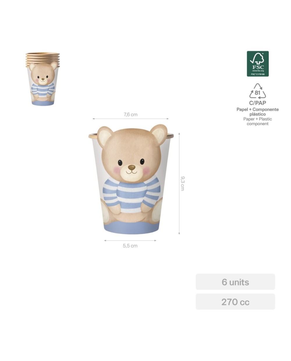6 GOBELETS EN CARTON OURSON BEBE NUDE BLEU 270 CC