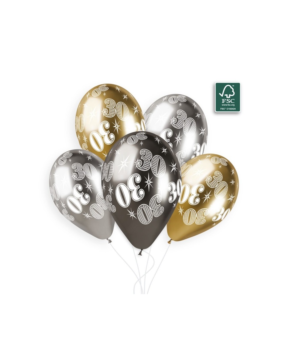 6 BALLONS BIO LATEX 30 COULEUR SHINE OR ARGENT ET GRIS 33 CM 