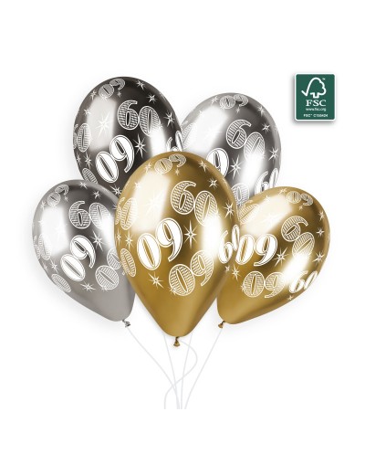 6 BALLONS BIO LATEX 60 COULEUR SHINE OR ARGENT ET GRIS 33 CM 