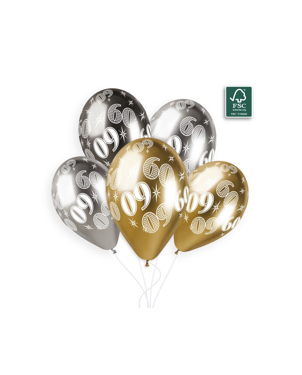 6 BALLONS BIO LATEX 60 COULEUR SHINE OR ARGENT ET GRIS 33 CM 