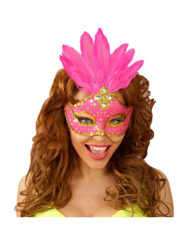 DEMI-MASQUE NEON BRESIL AVEC PAILLETTES ET PLUMES FUSCHIA 
