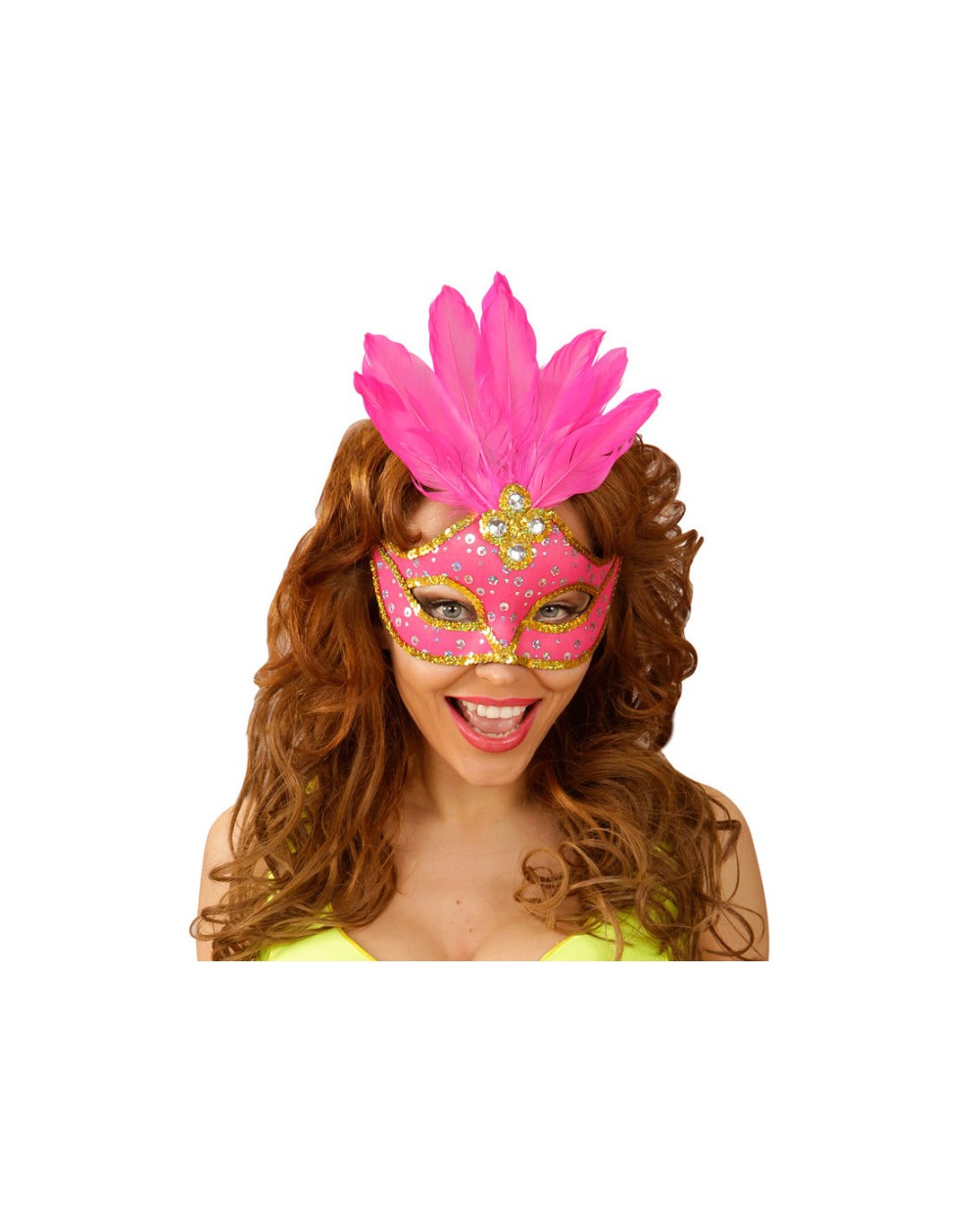 DEMI-MASQUE NEON BRESIL AVEC PAILLETTES ET PLUMES FUSCHIA 
