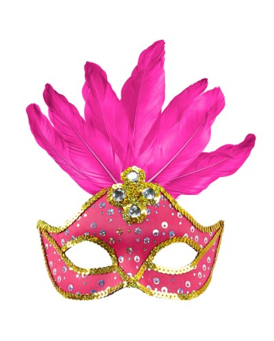 DEMI-MASQUE NEON BRESIL AVEC PAILLETTES ET PLUMES FUSCHIA 