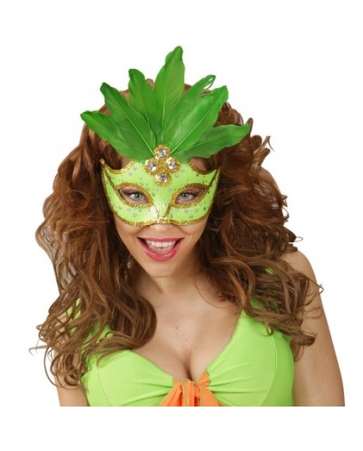 DEMI-MASQUE NEON VERT BRESIL AVEC PAILLETTES ET PLUMES 