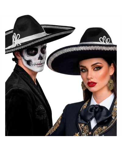 CHAPEAU SOMBRERO NOIR ET ARGENT ADULTE 54 CM