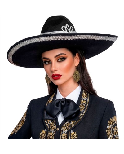 CHAPEAU SOMBRERO NOIR ET ARGENT ADULTE 54 CM