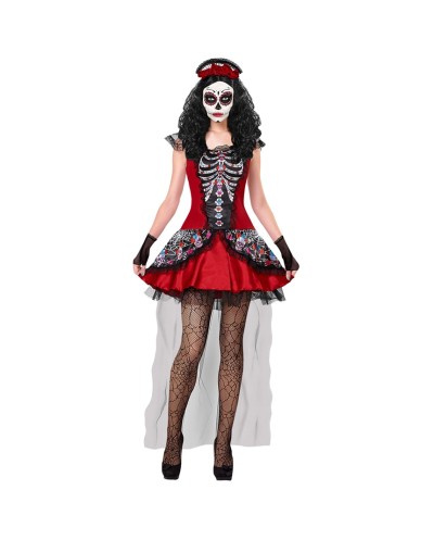 DEGUISEMENT ROBE JOUR DES MORTS CATRINA COURTE AVEC TRAINE EN VOILE TAILLE M