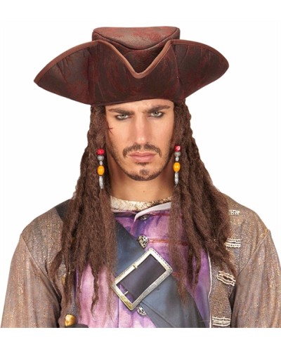 CHAPEAU TRICORNE PIRATE DES CARAIBES MARRON EN TISSU AVEC DREADS ET PERLES