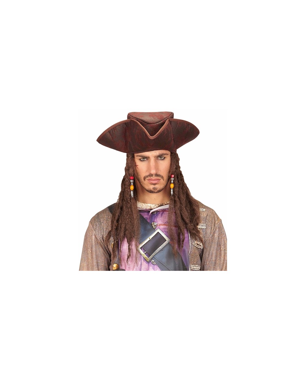 CHAPEAU TRICORNE PIRATE DES CARAIBESMARRON EN TISSU  AVEC DREADS ET PERLES