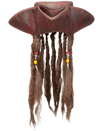CHAPEAU TRICORNE PIRATE DES CARAIBES MARRON EN TISSU AVEC DREADS ET PERLES