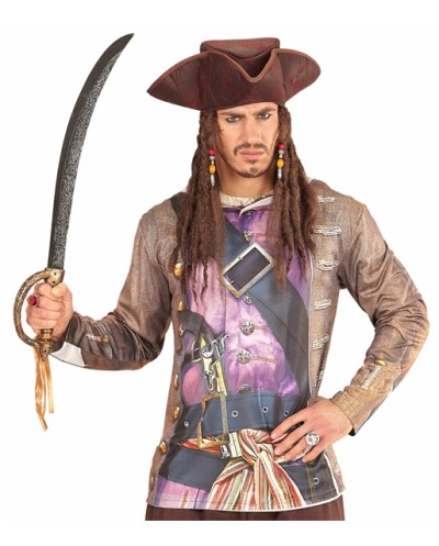 CHAPEAU TRICORNE PIRATE DES CARAIBES MARRON EN TISSU AVEC DREADS ET PERLES